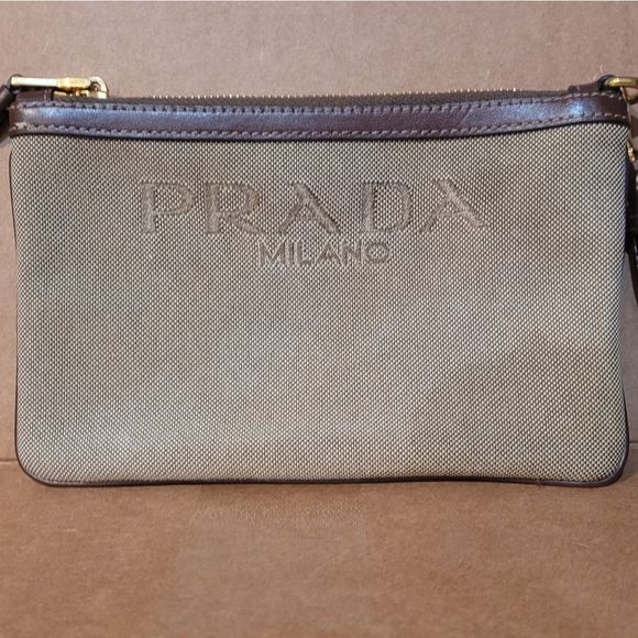 Prada Handbags - Prada Logo Jacquard Beige Wristlet Authentic